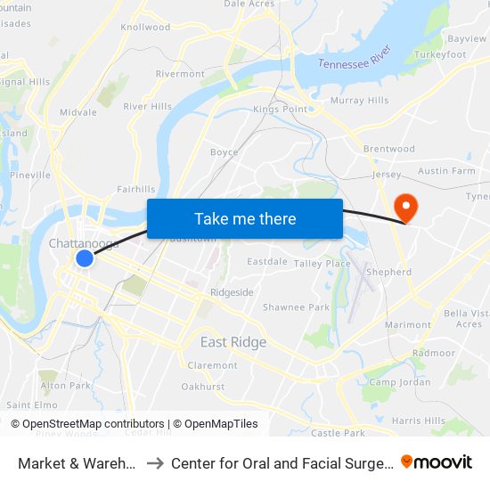 Market & Warehouse Row1 to Center for Oral and Facial Surgery of Chattanooga map