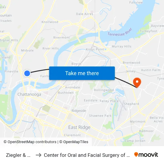 Ziegler & May-0 to Center for Oral and Facial Surgery of Chattanooga map