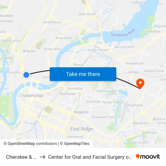 Cherokee & Spring to Center for Oral and Facial Surgery of Chattanooga map