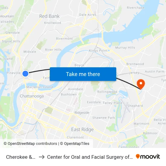 Cherokee & Bell-0 to Center for Oral and Facial Surgery of Chattanooga map