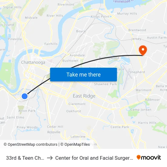 33rd & Teen Challenge-0 to Center for Oral and Facial Surgery of Chattanooga map