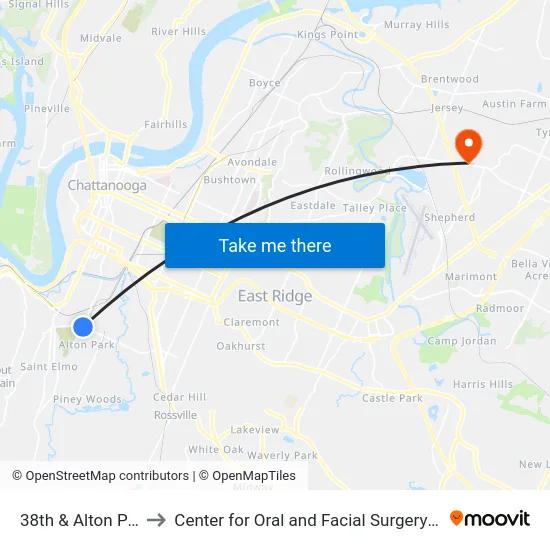 38th & Alton Pk Blvd-0 to Center for Oral and Facial Surgery of Chattanooga map