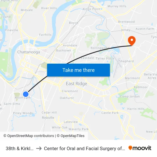 38th & Kirkland-0 to Center for Oral and Facial Surgery of Chattanooga map
