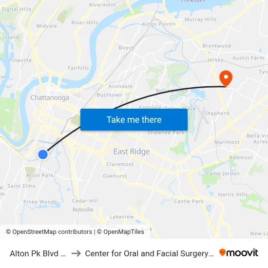 Alton Pk Blvd & 33rd-0 to Center for Oral and Facial Surgery of Chattanooga map