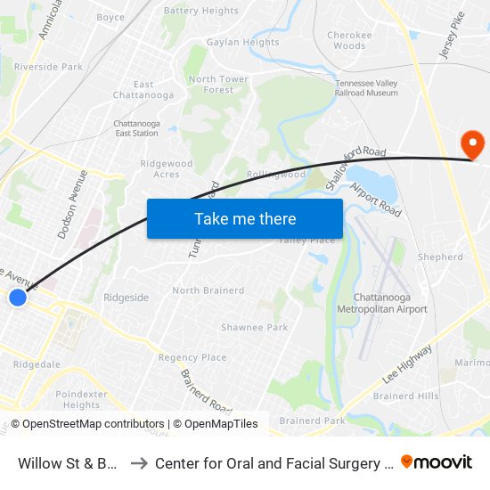 Willow St & Bailey Ave to Center for Oral and Facial Surgery of Chattanooga map