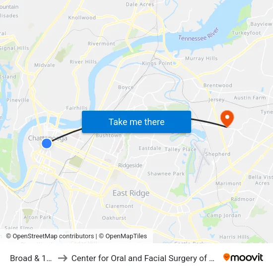 Broad & 10th 0 to Center for Oral and Facial Surgery of Chattanooga map