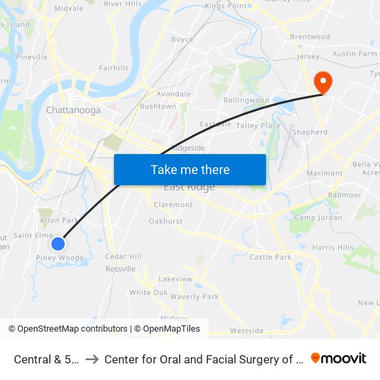 Central & 51st-0 to Center for Oral and Facial Surgery of Chattanooga map