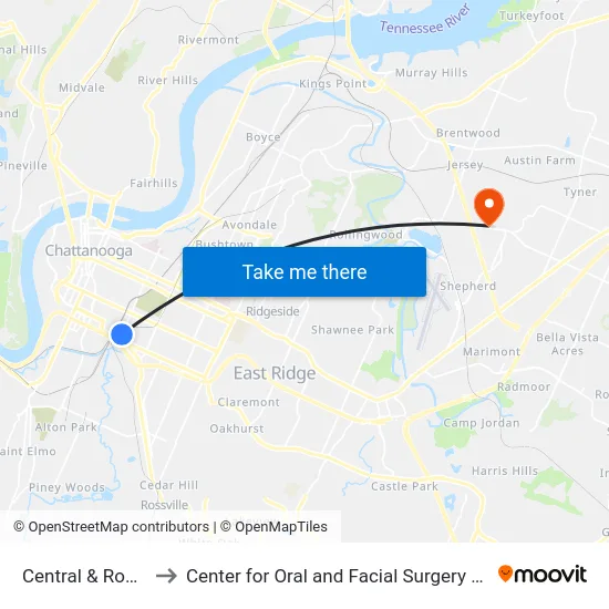 Central & Rossville-0 to Center for Oral and Facial Surgery of Chattanooga map