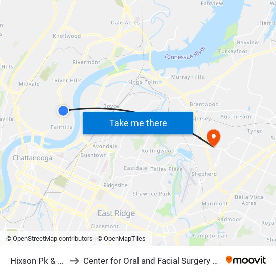 Hixson Pk & 1412-0 to Center for Oral and Facial Surgery of Chattanooga map