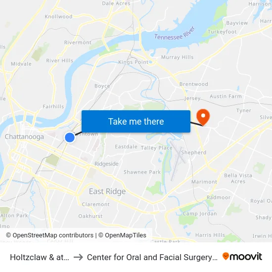 Holtzclaw & at Circle-0 to Center for Oral and Facial Surgery of Chattanooga map