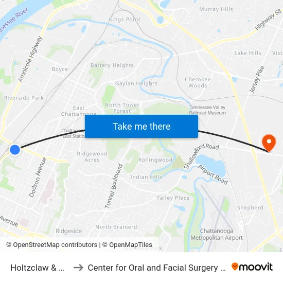 Holtzclaw & Wilson-1 to Center for Oral and Facial Surgery of Chattanooga map
