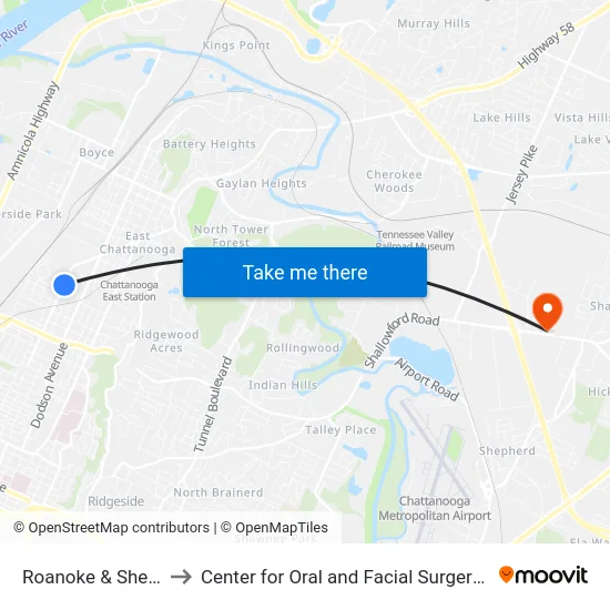 Roanoke  & Sherman 1-0 to Center for Oral and Facial Surgery of Chattanooga map