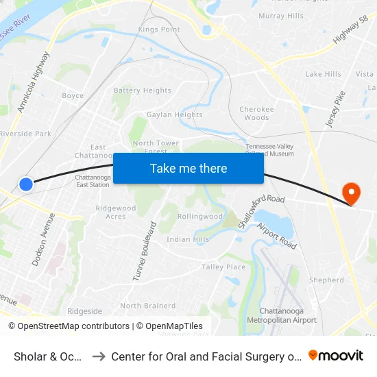 Sholar & Ocoee 1-0 to Center for Oral and Facial Surgery of Chattanooga map