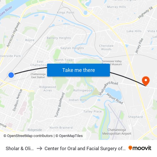 Sholar & Olive 1-0 to Center for Oral and Facial Surgery of Chattanooga map