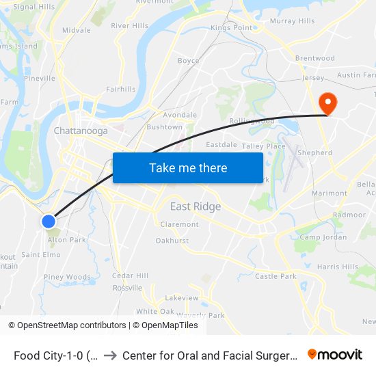 Food City-1-0 (St Elmo) to Center for Oral and Facial Surgery of Chattanooga map