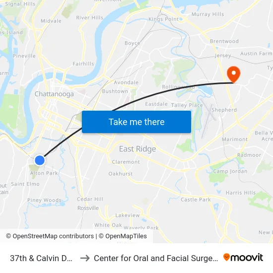 37th & Calvin Donaldson-0 to Center for Oral and Facial Surgery of Chattanooga map