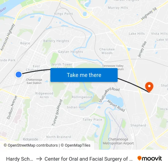 Hardy School-0 to Center for Oral and Facial Surgery of Chattanooga map
