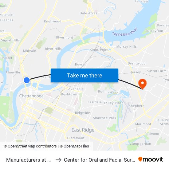 Manufacturers at Traffic Light-Ib to Center for Oral and Facial Surgery of Chattanooga map