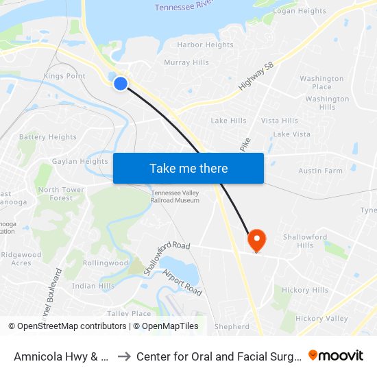 Amnicola Hwy & Access Rd-0 to Center for Oral and Facial Surgery of Chattanooga map