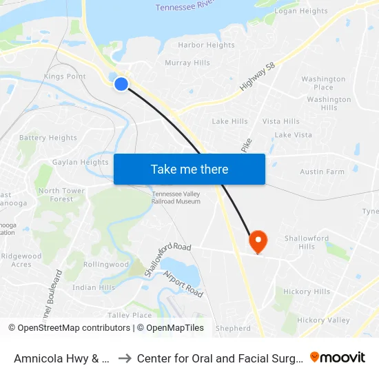 Amnicola Hwy & Access Rd-0 to Center for Oral and Facial Surgery of Chattanooga map