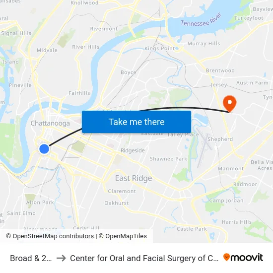 Broad & 20th1 to Center for Oral and Facial Surgery of Chattanooga map
