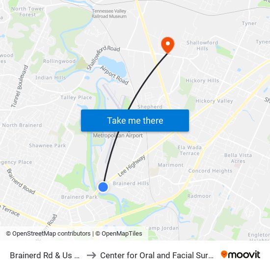 Brainerd Rd & Us Money Shops to Center for Oral and Facial Surgery of Chattanooga map