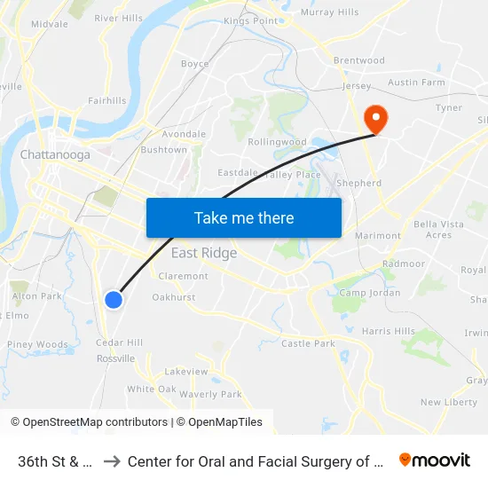 36th St & 5th-0 to Center for Oral and Facial Surgery of Chattanooga map