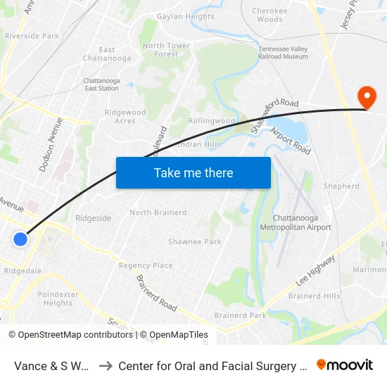 Vance & S Watkins-1 to Center for Oral and Facial Surgery of Chattanooga map