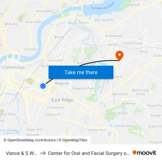 Vance & S Willow-1 to Center for Oral and Facial Surgery of Chattanooga map