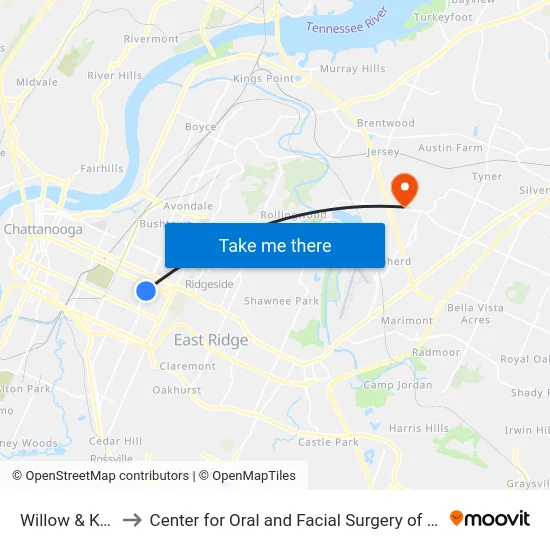 Willow & Kirby-1 to Center for Oral and Facial Surgery of Chattanooga map