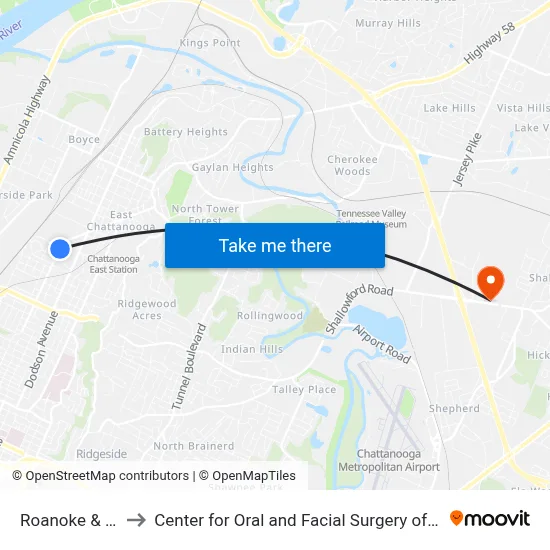 Roanoke & Bragg to Center for Oral and Facial Surgery of Chattanooga map