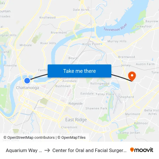 Aquarium Way & Market to Center for Oral and Facial Surgery of Chattanooga map