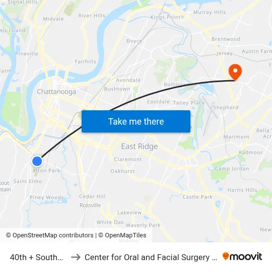 40th + Southside Rec to Center for Oral and Facial Surgery of Chattanooga map