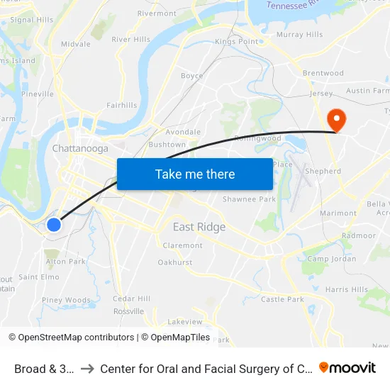 Broad & 33rd1 to Center for Oral and Facial Surgery of Chattanooga map