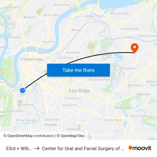 33rd + Williams to Center for Oral and Facial Surgery of Chattanooga map
