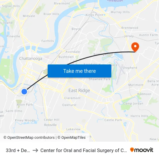 33rd + Delong to Center for Oral and Facial Surgery of Chattanooga map