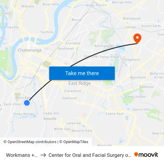 Workmans + Dorris to Center for Oral and Facial Surgery of Chattanooga map
