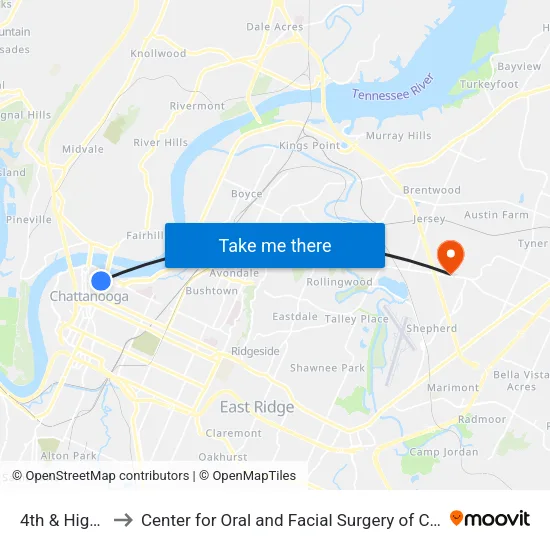 4th & High-1-0 to Center for Oral and Facial Surgery of Chattanooga map