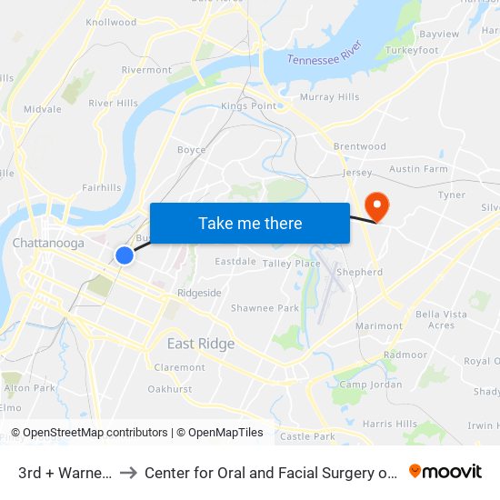 3rd + Warner Park to Center for Oral and Facial Surgery of Chattanooga map