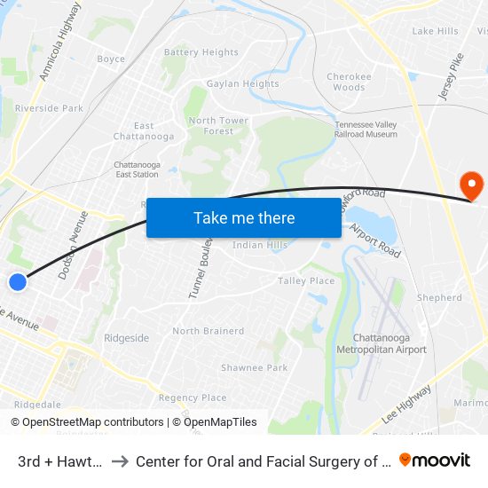 3rd + Hawthorne to Center for Oral and Facial Surgery of Chattanooga map