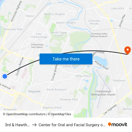 3rd & Hawthorne-0 to Center for Oral and Facial Surgery of Chattanooga map