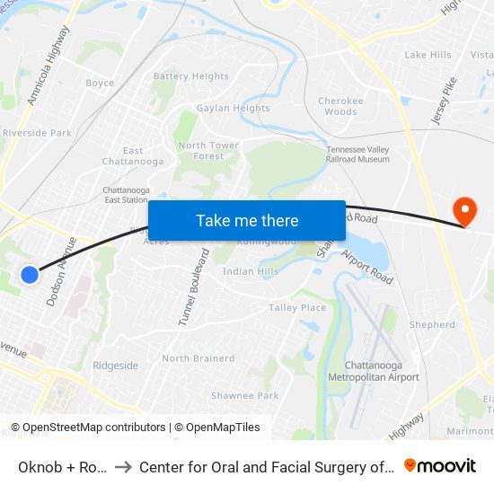 Oknob + Robbins to Center for Oral and Facial Surgery of Chattanooga map