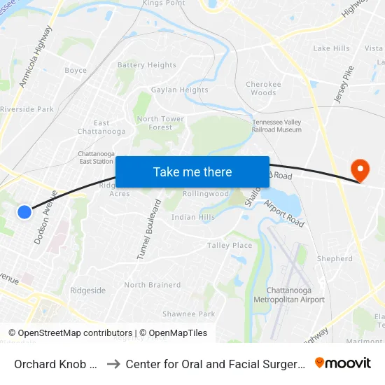 Orchard Knob & Milne-0 to Center for Oral and Facial Surgery of Chattanooga map