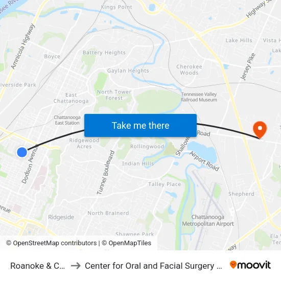 Roanoke & Cooley-0 to Center for Oral and Facial Surgery of Chattanooga map