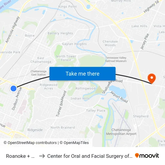 Roanoke + Wilson to Center for Oral and Facial Surgery of Chattanooga map