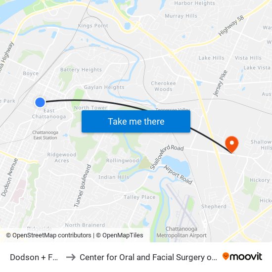 Dodson + Fairleigh to Center for Oral and Facial Surgery of Chattanooga map