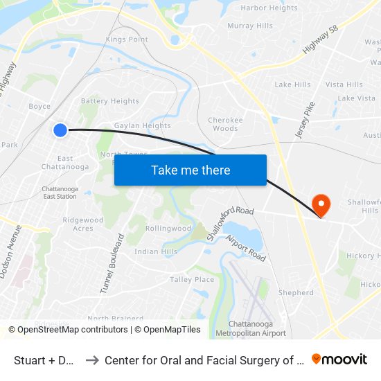 Stuart + Dodson to Center for Oral and Facial Surgery of Chattanooga map