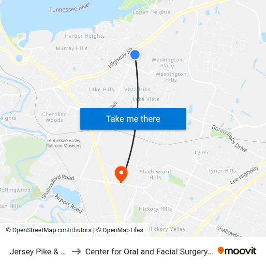Jersey Pike & Goodwill to Center for Oral and Facial Surgery of Chattanooga map