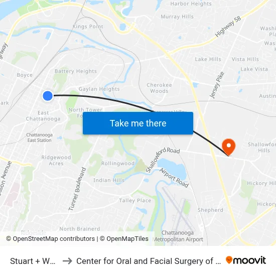 Stuart + Wheeler to Center for Oral and Facial Surgery of Chattanooga map