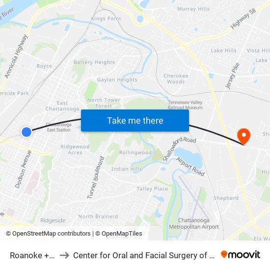 Roanoke + Olive to Center for Oral and Facial Surgery of Chattanooga map